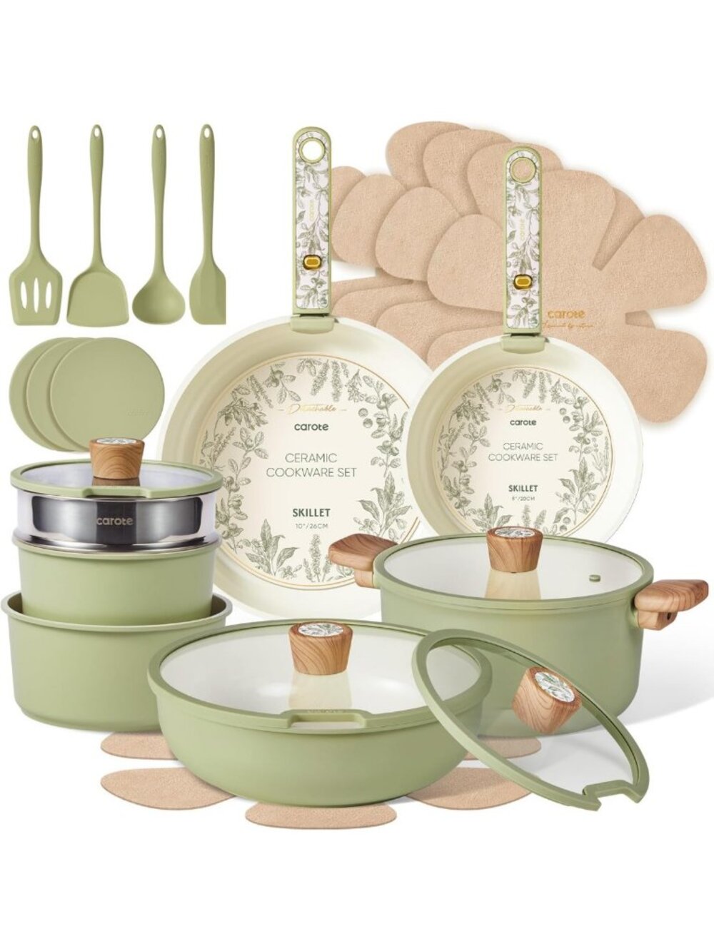 25pcs Ceramic Cookware Set with Detachable Handles - Nonstick Pots & Pans Set